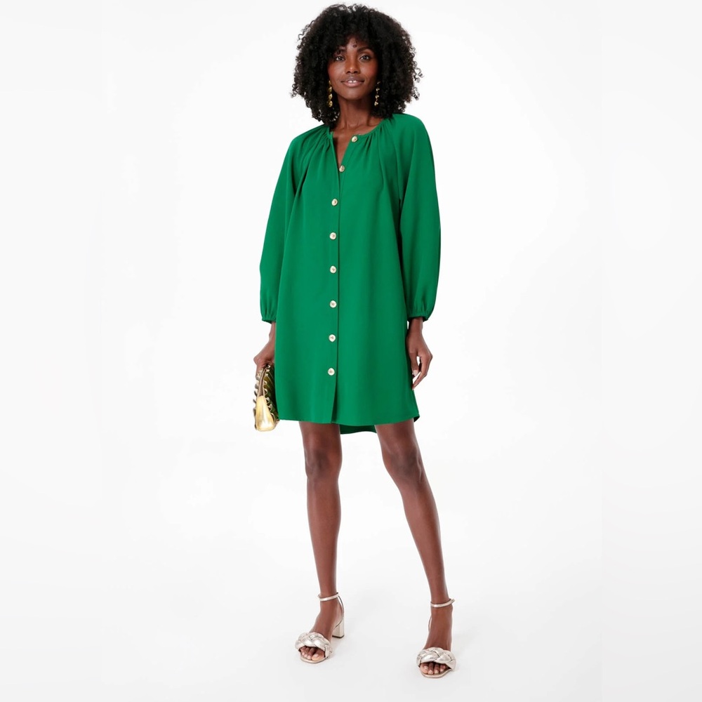 Pomander Place Emerald Green Long Sleeve Button Front Dress
